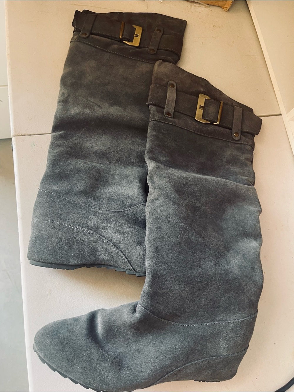 Women's Over-the-Knee Suede Wedge Boots - Charcoal